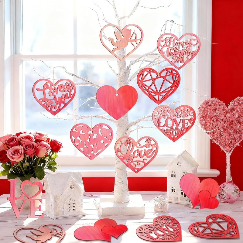 Sophena 80PCS Wooden Heart Ornaments to Paint Valentine's Day Craft,10 Styles DIY Blank Unfinished Wood Heart Cutouts Ornament for Crafts Spring Tree Hanging Decorations Love - Image 4